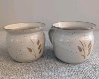 Pair of Wheat Themed Stoneware 200ml Capacity Cups/Mini Mugs, Signed "BFW", EUC