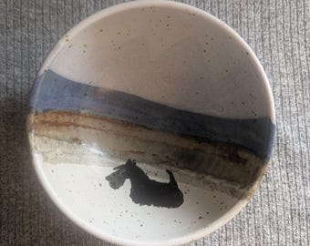 Glazed Pottery Trinket Bowl with Black Scottie Dog, 13.5cm Diameter, Signed, EUC