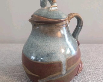 Handmade Rustic Salt Glazed Blue/Brown Pottery Jug with Lid, Signed, 17cm/6"