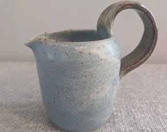Speckled Blue/Green Pottery Pitcher with Salt Glaze, Handmade & Signed, 14cm/5"