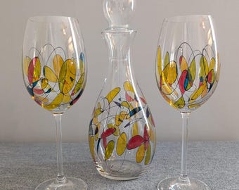 Kosta Boda 3pc Carafe and Wine Glass Set, Numbered and Signed by Kjell Engman