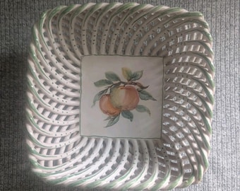 Zaccagnini Majolica Ceramic Lattice Basket with Painted Fruit Theme, 17x7cm, VGC