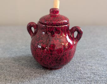 Mini Red Spackled Honey/Sugar/Spice Pot with Wooden Spoon