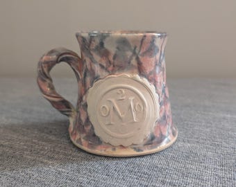 Handmade Pink/Blue/Beige Pottery Mug with "M", Twisted Handle