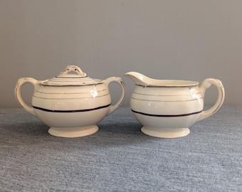 Grindley "Creampetal" Cream and Sugar Bowl Set with Lid, Gold Trim & Brown Bands