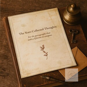 Könnte beinhalten: Ein Vintage-Journal mit dem Text "The Years Collected Thoughts". Ein kleiner antiker Tintenfass aus Messing, ein Bartschlüssel und ein Stift liegen auf einem dunkelbraunen, ledergebundenen Buch. Ein kleiner Umschlag und ein Logo sind ebenfalls sichtbar.