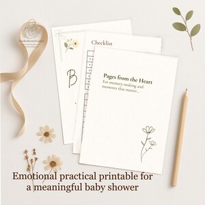 Planificador imprimible para baby shower (tamaños A4 y carta) con páginas de recuerdo, listas de verificación para anfitriones y letrero de bienvenida de Canva.