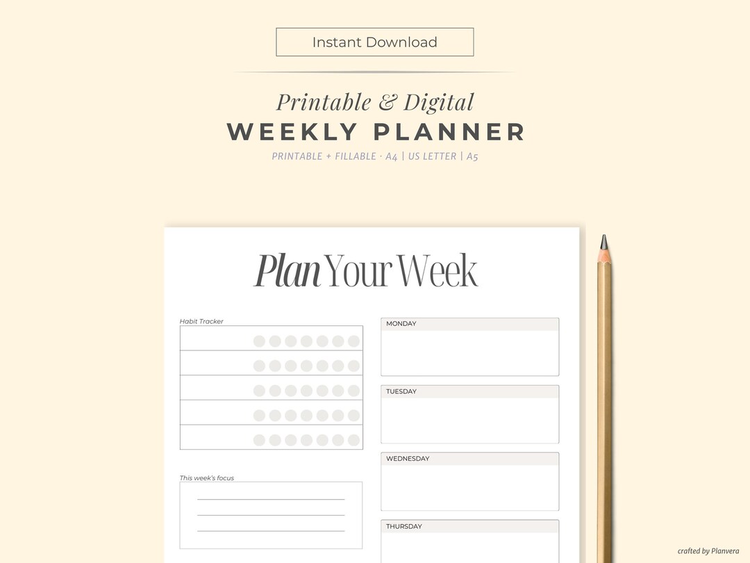 Weekly Planner Printable | Minimalist One Page PDF | Undated Weekly ...