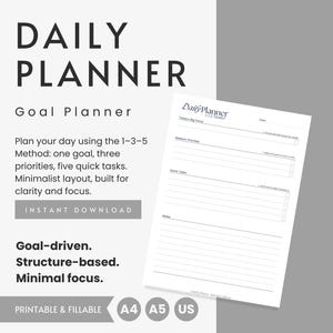 Planificador diario de objetivos, PDF imprimible de productividad para concentración y claridad en las tareas, diseño minimalista en A4, A5, carta (EE. UU.) / Sin fecha y rellenable