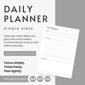 Planificador diario de pizarra simple en PDF, diseño minimalista sin fecha, sección de notas y enfoque principal, tamaño carta (A4/A5), rellenable e imprimible.