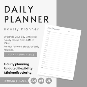 Planificador diario por horas, horario por horas imprimible en PDF para productividad y concentración, minimalista, sin fecha, en formato A4, A5 y carta de EE. UU.