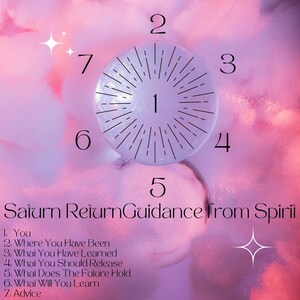 May include: A pink and purple background with a circle in the centre with a black sunburst design and the number 1 in the centre. The numbers 2 through 7 are placed around the circle. The text "Saturn Return Guidance from Spirit" is below the circle. The text "1. You", "2. Where You Have Been", "3. What You Have Learned", "4. What You Should Release", "5. What Does The Future Hold", "6. What Will You Learn", and "7. Advice" is below the text.