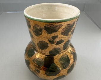 Jarrón pequeño mexicano vintage Blau GTO Guanajuato firmado, esmalte craquelado dorado y verde.