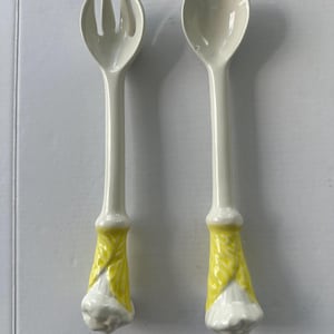 Vintage Ceramic Salad Servers Petite White Yellow Sculptural Spoon Fork Set Vegetable Motif