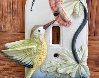 Tapas de interruptores de luz de cerámica Takahashi vintage, decoración de pared botánica con colibríes