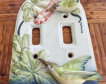 Placa de pared de cerámica con diseño botánico y colibrí, estilo vintage de Takahashi, para interruptor doble de luz, fabricada en Japón.