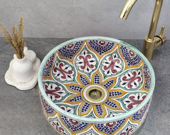 Lavabo marroquí colorido, lavabo de cerámica hecho a mano para baño, lavabo de tocador con diseño, lavabo de encimera, cuenco decorativo marroquí