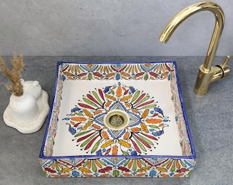 Colorful Square Moroccan Vessel Sink Ceramic Bathroom Sink Handmade Vanity Sink Countertop Basin Boho Moroccan Sink