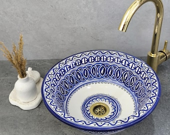 Lavabo marroquí azul, lavabo de cerámica hecho a mano, lavabo para tocador de baño, lavabo de encimera, decoración marroquí, lavabo de cerámica.