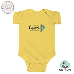 May include: Yellow baby bodysuit with the text "Future Engineer Just Like Mom" and a blue and black ruler and gear graphic.
