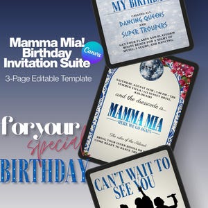 Puede incluir: Tres pantallas de tabletas digitales que muestran un conjunto de invitaciones de cumpleaños con temática de Mamma Mia. Los diseños incluyen texto azul, bolas de discoteca, bordes florales y siluetas de personas cantando.