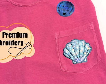 Custom Embroidery Seashell Sequins T-shirt, Comfort Colors T-shirt, Custom Beach Shirt, Sequins Embroidery, Retro Beach Tee, Vacation tee