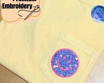 Custom Embroidery Happy Face Sequins T-shirt, Comfort Colors T-shirt, Custom Smile Shirt, Sequins Embroidery, Retro Happy Tee, neon color