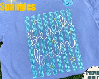 Spangle Bling Beach Bum Comfort Colors Tshirt, Cute Summer Beach Tee, Spangle Bling Tee, Tanned and Tipsy, trendy stripes, Summer Bling tee