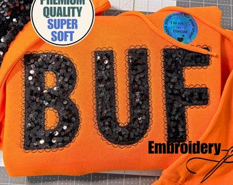 Besticktes Büffelleder-Sweatshirt/Hoodie, Pailletten Applikation Stickerei, Büffelleder Lacrosse, BUF Sweatshirt, Büffelleder Fans