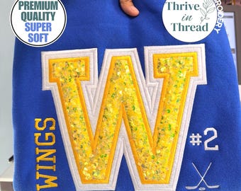 Custom Team Embroidered Sweatshirt/Hoodie, Sports Team Apparel, Sequins Varsity Letter, Custom Player Number, Hockey/Soccer Hoodie, Game Day
