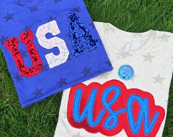 Embroidered USA stars Tshirt, Red shiny fabric & blue glitter, 4th of July, USA shirt, bling patriotic shirt, USA tshirt, July 4th apparel