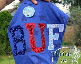 Custom Embroidered BUF stars Tshirt, Sequins Applique embroidery, Buffalo Fans, Buffalo Football tshirt, Buffalo Football fans, bling tshirt