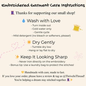 May include: A cream-colored card with embroidered garment care instructions. The text includes washing, drying, and ironing tips, along with a thank you message and social media handle. Decorative elements include a spool of thread, a water droplet, and a sun.