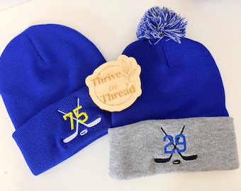 Custom Embroidered Hockey Beanies, Hockey Sticks Beanie, Custom Player number, Custom team color, Team spirit, hockey mom beanies