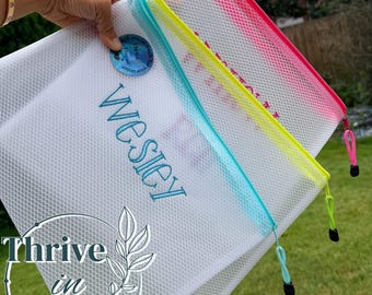 Custom Embroidered Mesh Zipper Bag, Pencil Pouch/Makeup Bag/Small Toy Pouch/Travel Pouch, Back to School Supplies, beach bag, waterproof bag