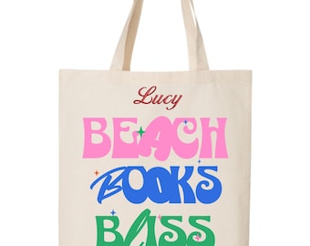 Custom Embroidered and Printed Tote Bag, Beach Books Bliss, cute retro tote bag, retro beach bag, book bag, beach bag, personalized name