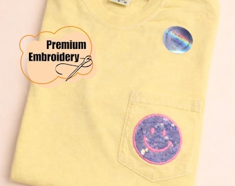 Custom Embroidery Happy Face Sequins T-shirt, Comfort Colors T-shirt, Custom Smile Shirt, Sequins Embroidery, Retro Happy Tee, neon color