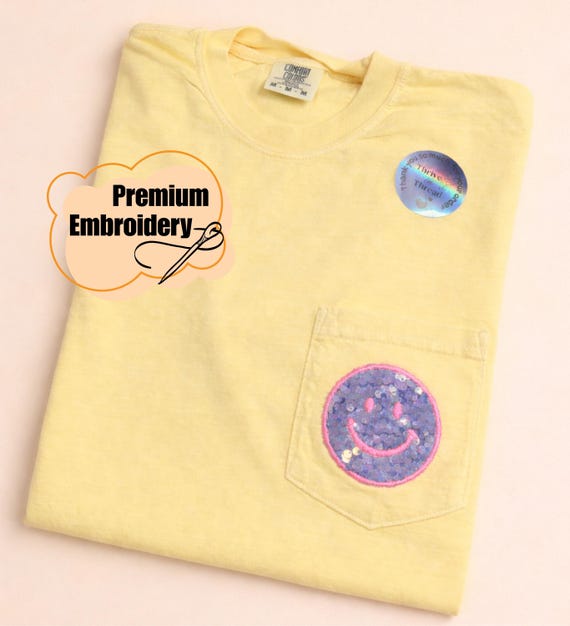 Custom Embroidery Happy Face Sequins T-shirt, Comfort Colors T-shirt, Custom Smile Shirt, Sequins Embroidery, Retro Happy Tee, neon color