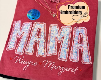Custom Embroidery Sequins Mama T-shirt, Comfort Colors Mama T-shirt, Mama with Kids Names, Sequins Embroidery, Bling Mama tee, Mather's Day