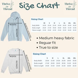 May include: A size chart for a light blue hoodie and a light gray sweatshirt. The graphic displays diagrams with width, length, and sleeve length labels, alongside tables listing measurements in inches for sizes XS through 3XL, plus fabric details.