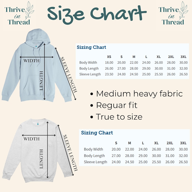 May include: A size chart for a light blue hoodie and a light gray sweatshirt. The graphic displays diagrams with width, length, and sleeve length labels, alongside tables listing measurements in inches for sizes XS through 3XL, plus fabric details.