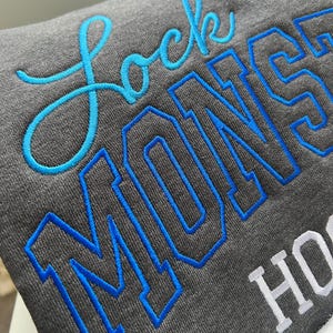 Pu&ograve; includere: Primo piano di una felpa con cappuccio grigia con le parole "Lock Monsters" ricamate con filo blu e bianco. La parola "Lock" &egrave; in corsivo, mentre "Monsters" &egrave; in stampatello. La felpa ha un cappuccio con coulisse.
