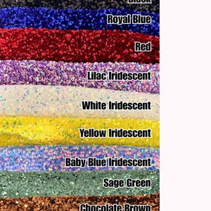 May include: A vertical display of fabric swatches covered in sequins, featuring colors labeled as Black, Royal Blue, Red, Lilac Iridescent, White Iridescent, Yellow Iridescent, Baby Blue Iridescent, Sage Green, and Chocolate Brown in white text.