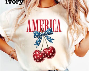 July 4th American Cherry Coquette Bow tshirt, cute july 4th tshirt, patriotic tshirt, cute summer tee for women. independence day parade tee