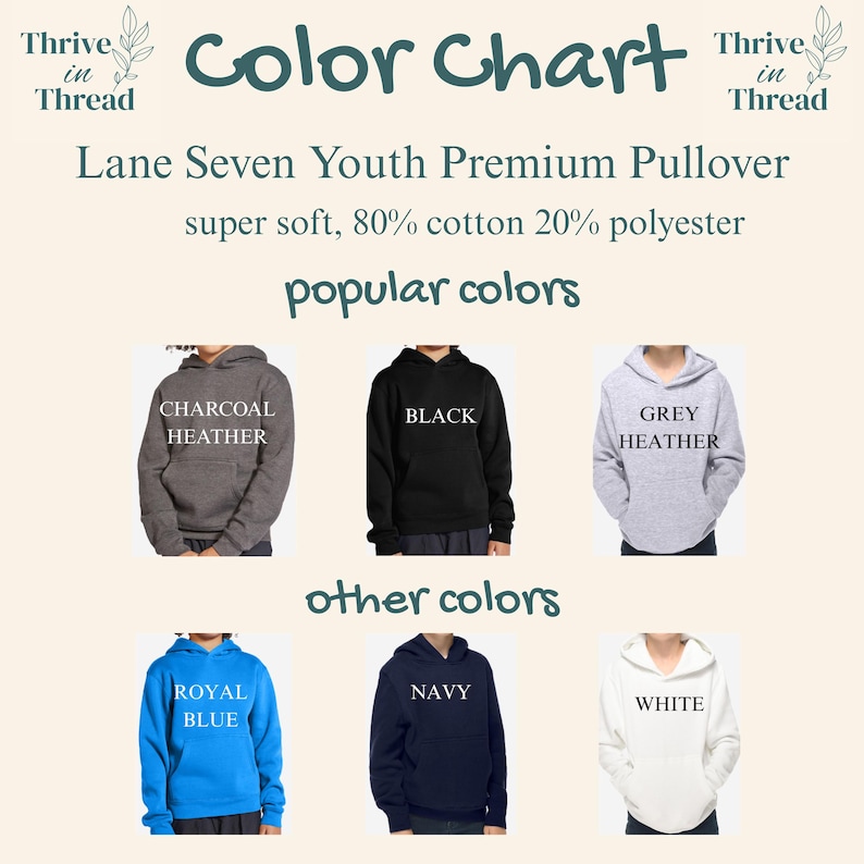 Pu&ograve; includere: Tabella dei colori per i pullover Lane Seven Youth Premium. L'immagine mostra sei colori diversi: Charcoal Heather, Black, Grey Heather, Royal Blue, Navy e White. I pullover sono realizzati in 80% cotone e 20% poliestere.