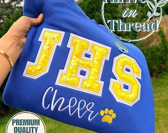 Custom Embroidered Cheer Sweatshirt/Hoodie, Cheer Team Apparel, Sequins Varsity Letter, Bling Cheer Team Sweatshirt, Competition day spirit