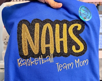 カスタムダンス/チア刺繍入りコンフォートカラーズTシャツ、ダブルグリッターアップリケ、キラキラTシャツ、スポーツチームアパレル、カスタムチーム、チアリーディング