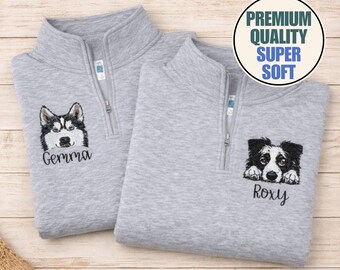 Benutzerdefinierte gesticktes Hundeporträt Viertel-Zip-Sweatshirt, benutzerdefinierte Hundestickerei, Hundemama Shirt, Hundeliebhaber Shirt, Haustierliebhabergeschenk, Hundeerinnerungsstück