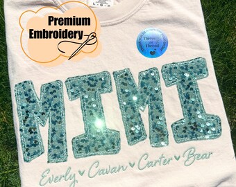 Custom Sequins Embroidery Mimi/Nana/Gigi T-shirt, Comfort Colors mimi T-shirt, gigi with Kids Names, Sequins, grandmother tee, Mather's Day