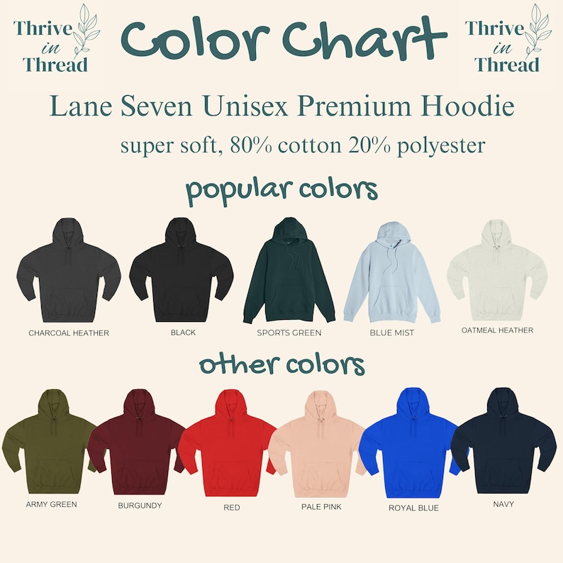 May include: A color chart for Lane Seven unisex premium hoodies made of 80% cotton and 20% polyester. The chart displays eleven hoodies in various colors including charcoal heather, black, sports green, blue mist, oatmeal heather, army green, burgundy, red, pale pink, royal blue, and navy.